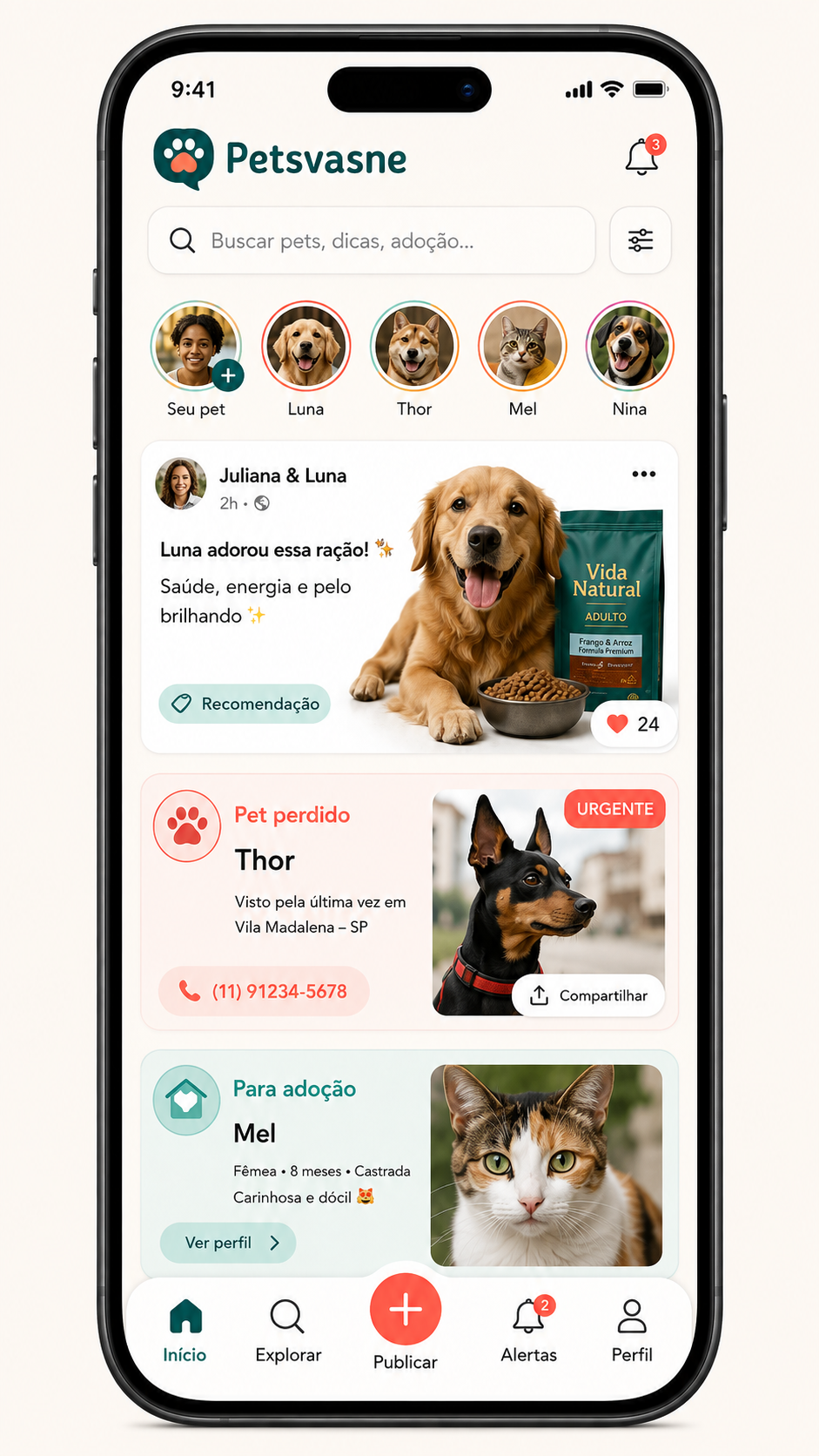 Interface mobile do Petsvasne